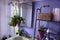 Blue bathroom with woven container and plants in a macrame hanging planter and in pots, with a mirror and sink