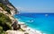 Blue beach with some people seen from the top. Cala Goloritze in