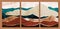 Blue, beige, brown earth tones and gold mountain, hills, sea wall art triptych. Abstract landscape collage