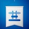 Blue Bench with barbel icon isolated on blue background. Gym equipment. Bodybuilding, powerlifting, fitness concept