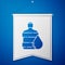 Blue Big bottle with clean water icon isolated on blue background. Plastic container for the cooler. White pennant