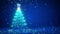 Blue big Christmas tree from glow shiny particles on the left side. Winter theme for Xmas background with copy space. 3d