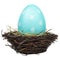 Blue big easter egg in a bird nest on white