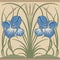 Blue big irises and green reeds decorative border pattern on light background. Vector illustration.