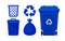 Blue Bin set, Recycle Bin and Blue Plastic Bags Waste isolated on white Background, Bins blue with Recycle Waste Symbol, Front