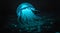 Blue bioluminescent jellyfish with black background.