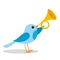 A blue bird blowing a trumpet