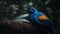 Blue Bird-of-Paradise close up with plants background. Generative AI