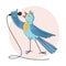 A blue bird sings into a microphone.