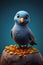 A blue bird sitting on top of a pile of fruit. Generative AI image.