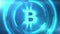 Blue Bitcoin symbol on space background with HUD elements. Seamless loop.