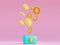 Blue Bitcoin wallet on pink minimal background with levitating coins. Cryptocurrency finance transactions made using