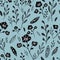 Blue and black hand drawn flowers seamless pattern