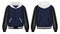 Blue, black, and white varsity jacket with hoodie front and back view, vector mockup illustration