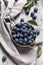 Blue blackthorn berries in metallic bowl on a table