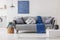 Blue blanket and grey knot pillow on trendy sofa in chic living room