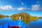 Blue boat sailing in Albufera lake of Valencia