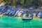 Blue boat on turquoise seawater