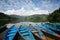 Blue boats in Lake Pokhara nepal