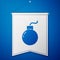 Blue Bomb ready to explode icon isolated on blue background. White pennant template. Vector Illustration