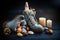 Blue boots filled with sweets, Christmas decoration and a chocolate Santa on dark wood with candles, tradition on German Nikolaus
