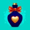 Blue bottle with a golden heart and a red ribbon. Magic elixir of love or poison. Vector