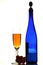 Blue bottle of wine, glasses a