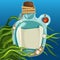 Blue bottles closed with cork on the seabed. Message in a bottle with space for your text. Vector illustration.