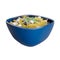 a blue bowl of pasta with cheese and tomato on top