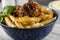 Blue Bowl of Ziti Pasta with Red Sauce