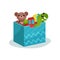 Blue box full of children toys. Brown teddy bear, green dinosaur, red car and rubber balls. Flat vector icon