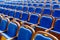 Blue brown wooden chairs in the auditorium. Without people