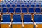 Blue brown wooden chairs in the auditorium. Without people