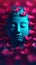 Blue Buddha surrounded by pink flower petals, zbrush style, dark red and light green, illusory portraits on wallpaper, UHD image.