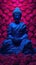 Blue Buddha surrounded by pink flower petals, zbrush style, dark red and light green, illusory portraits on wallpaper, UHD image.