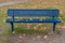 Blue buddy bench in the park in autumn