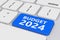 Blue Budget 2024 Key on White PC Keyboard. 3d Rendering