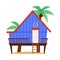 Blue bungalow with lifebuoy and palm trees, vector cartoon isolated vintage villa, summer small stilt hut with ladder