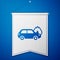 Blue Burning car icon isolated on blue background. Car on fire. Broken auto covered with fire and smoke. White pennant