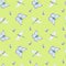 Blue butterflies, dragonflies watercolor seamless pattern on green.