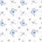 Blue butterflies, dragonflies watercolor seamless pattern on white.