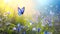 Blue butterflies flying on a warm day in a magical garden. Spring in the meadow among wildflowers. Seasonal background