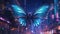 A blue butterfly flying over a city at night. Generative AI image.