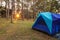 Blue camping Tents in Nature background with sunset and light flare  in  forest pine tree at Thung Salaeng Luang National Park