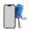 blue can of soft drink cartoon character appears from behind a big phone