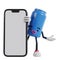 blue can of soft drink cartoon character appears from behind a big phone with open hand