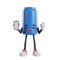 blue can of soft drink cartoon character doing win gesture showing mobile phone screen