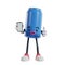 blue can of soft drink cartoon character give thumbs up and showing smartphone screen