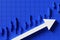 Blue candlestick background image with an upward pointing arrow indicating a rising stock price. 3d