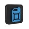 Blue Canister for gasoline icon isolated on transparent background. Diesel gas icon. Black square button.